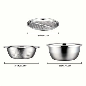 3-in-1 Edelstahl Kücheset — Gemüseschneider, Schüssel & Sieb